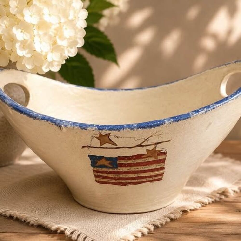 Primitive Americana Stoneware Bread Bowl with Handles | Rustic Farmhouse Serving